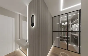 Интерьер прихожей с проходной, световыми линиями и с подсветкой  смотреть на Basicdecor