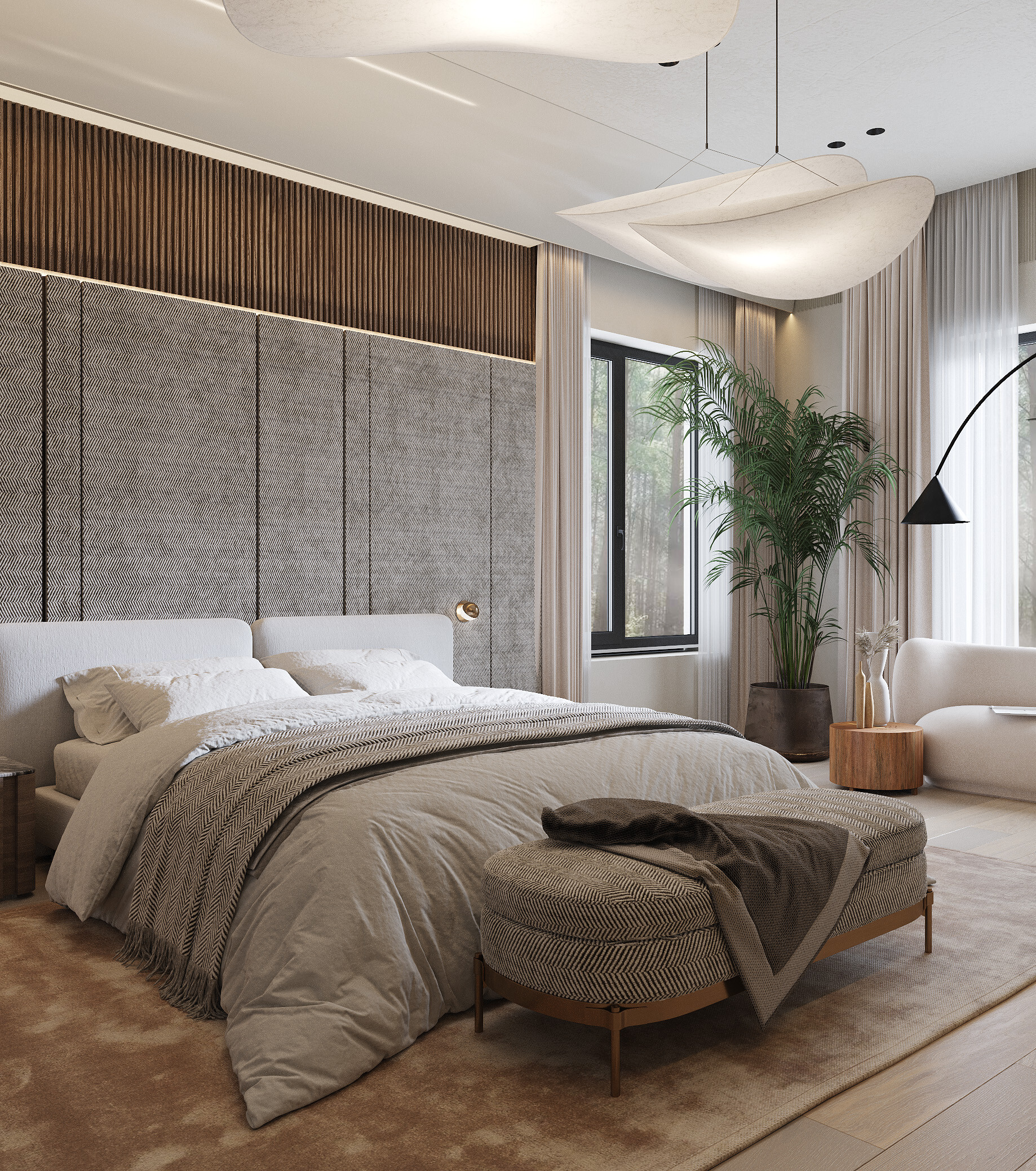 Интерьер спальни с бра над кроватью и светильниками над кроватью в современном стиле и в стиле лофт