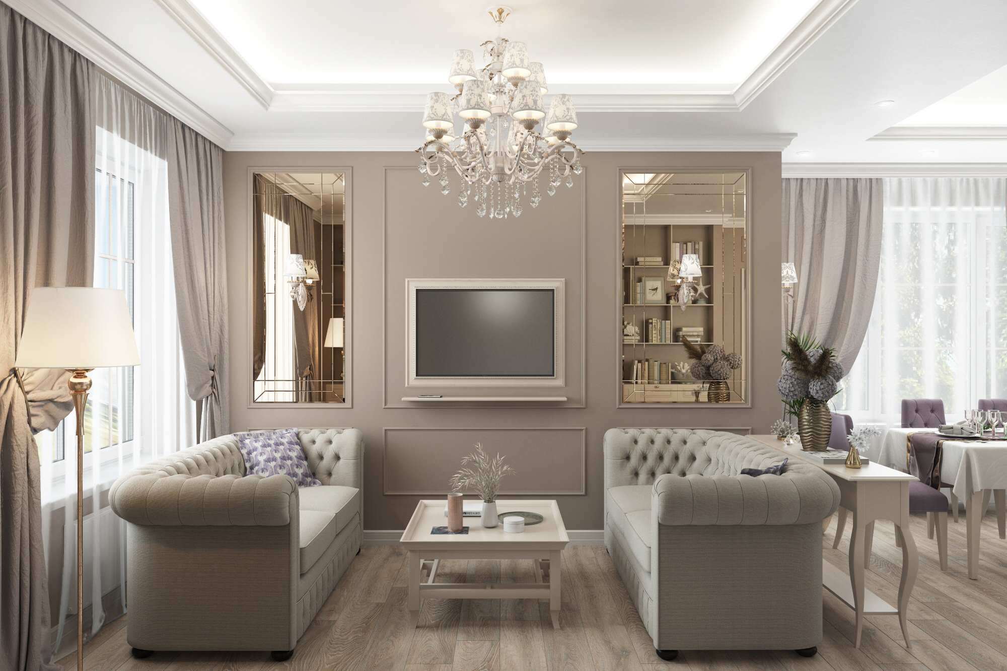 Интерьер гостиной с подсветкой настенной и подсветкой светодиодной в классическом стиле