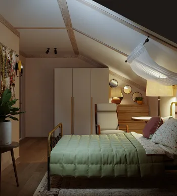 Интерьер спальни с на мансарде  смотреть на Basicdecor