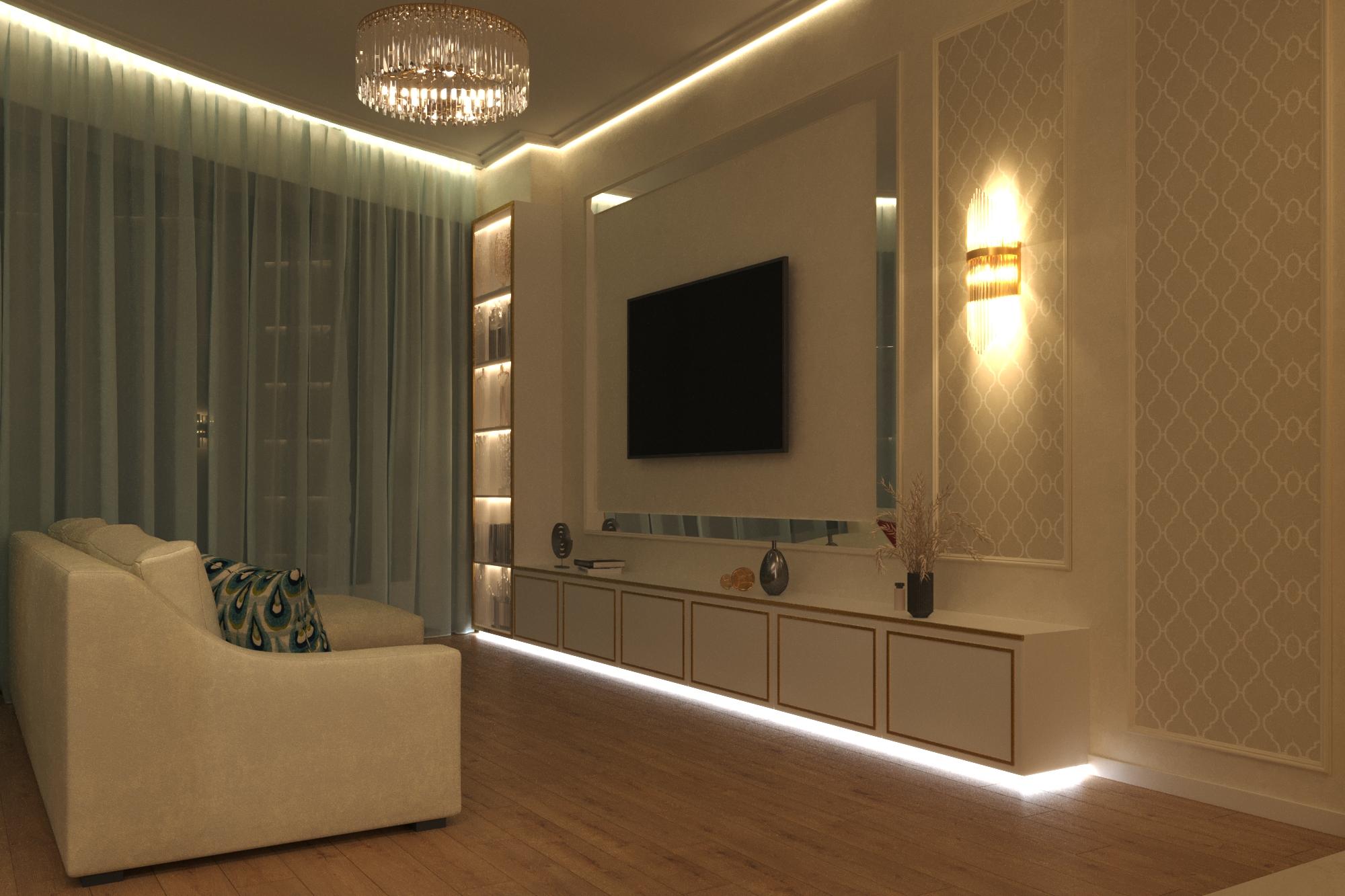 Интерьер гостиной с нишей с подсветкой, рейками с подсветкой, подсветкой настенной, подсветкой светодиодной и с подсветкой