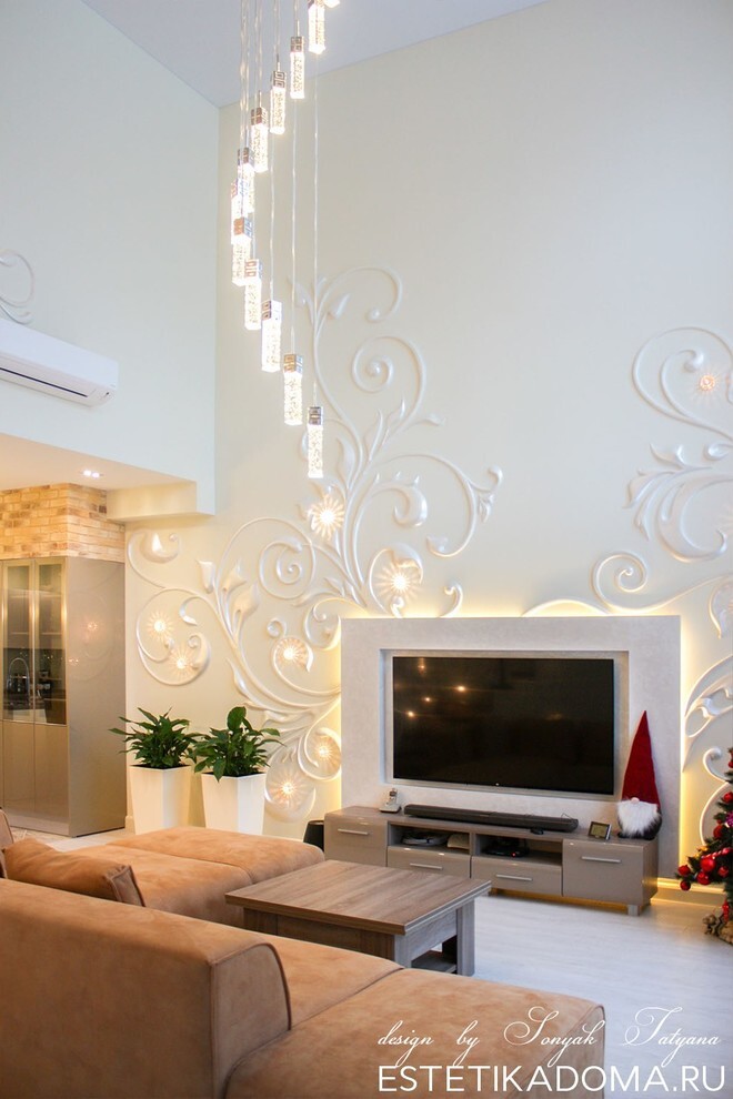 Интерьер гостиной с нишей с подсветкой, световыми линиями, подсветкой настенной и подсветкой светодиодной в современном стиле