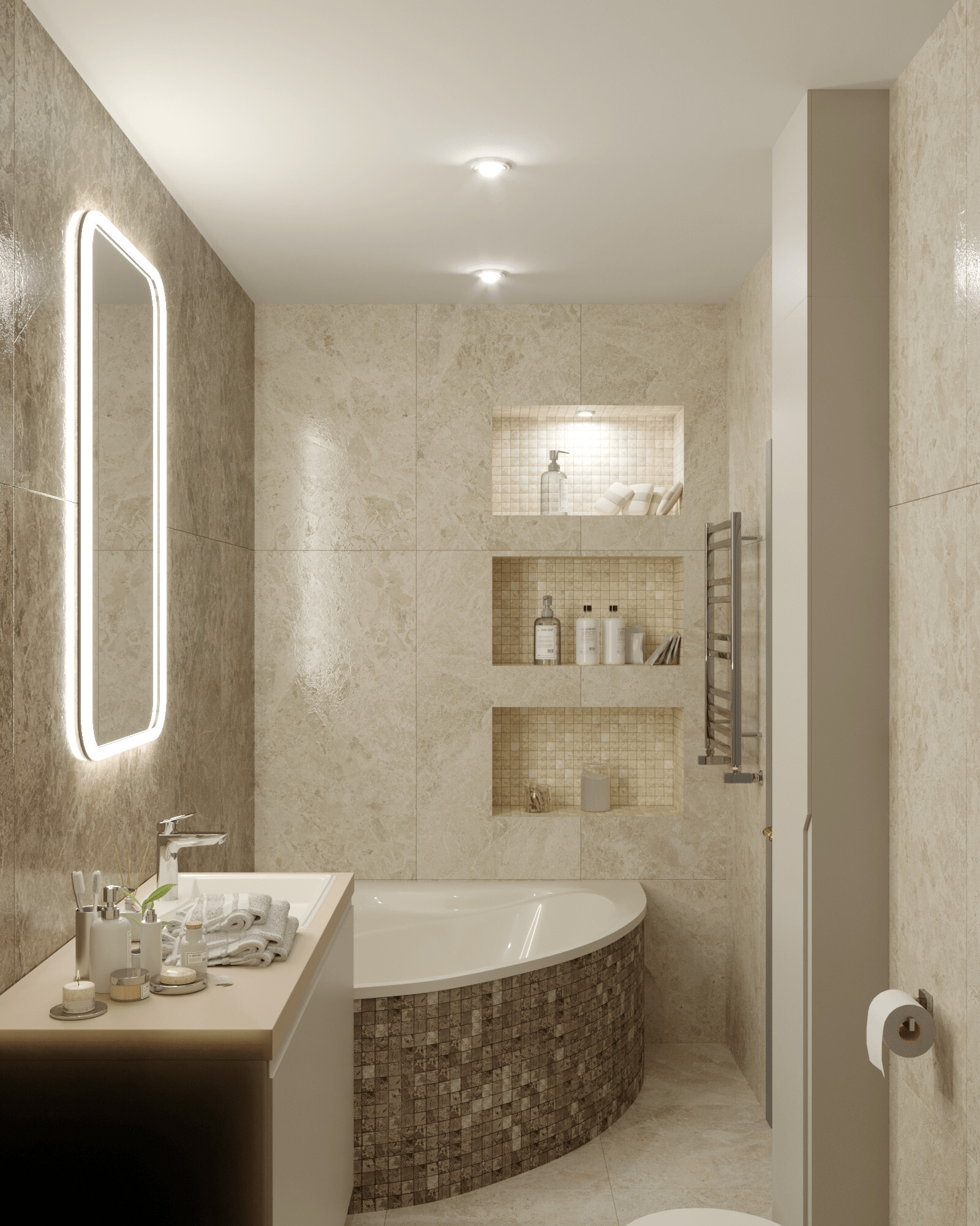 Интерьер ванной с подсветкой настенной, подсветкой светодиодной и с подсветкой в неоклассике
