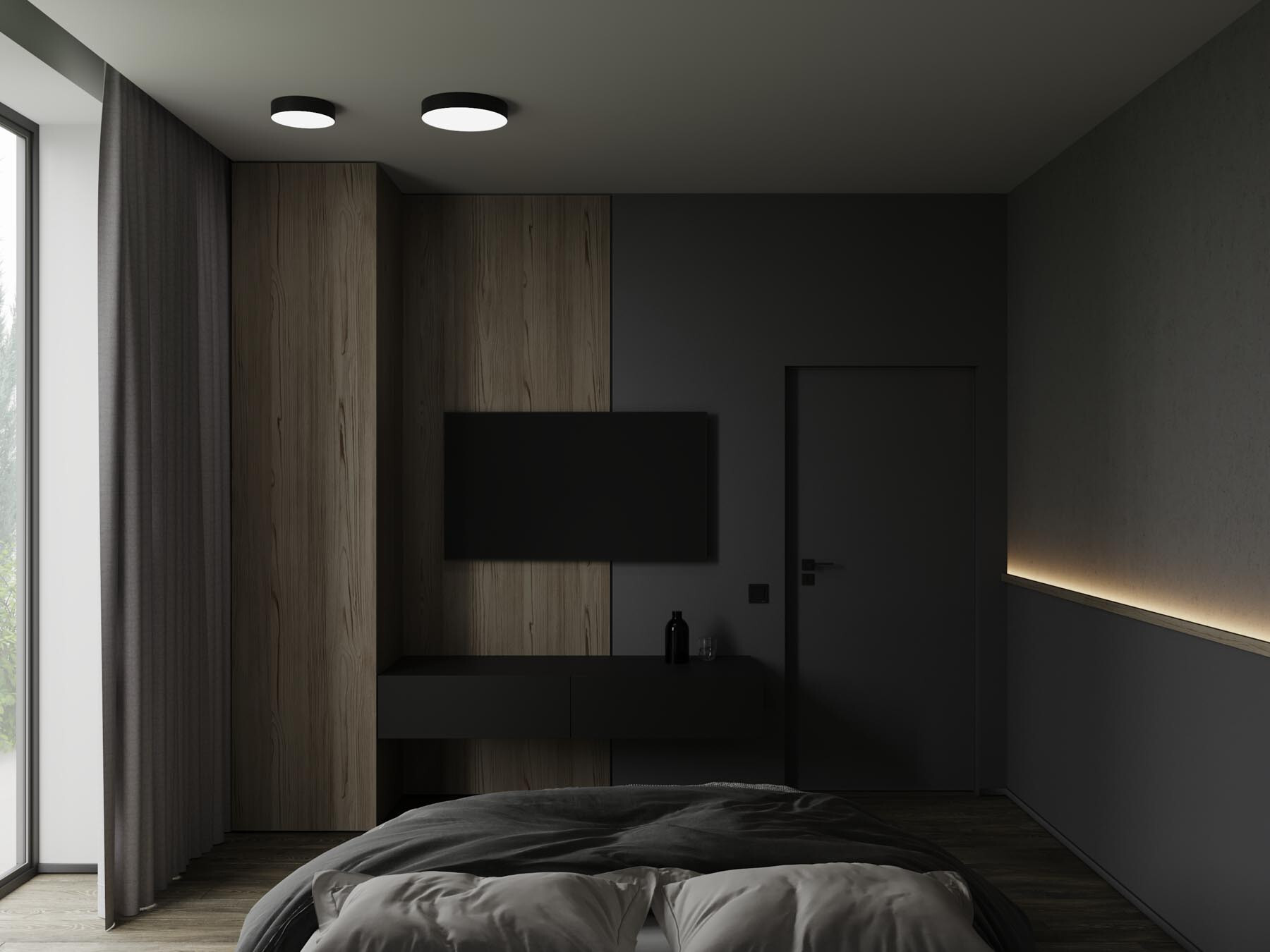 Интерьер спальни с нишей с подсветкой, рейками с подсветкой, подсветкой настенной, подсветкой светодиодной, светильниками над кроватью и с подсветкой