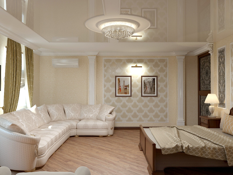 Интерьер спальни cветовыми линиями, подсветкой настенной, подсветкой светодиодной и с подсветкой в классическом стиле
