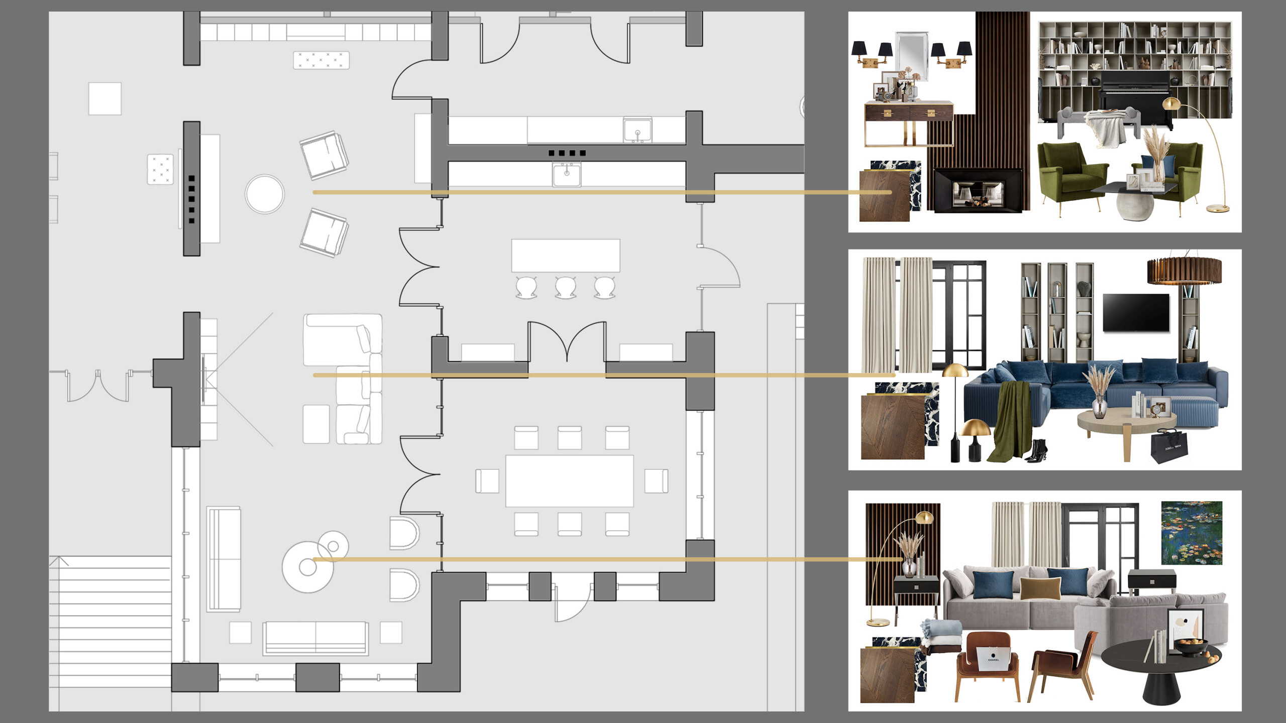 Интерьер с зонированием, проходной, с кабинетом и open space в современном стиле, в восточном стиле и ампире