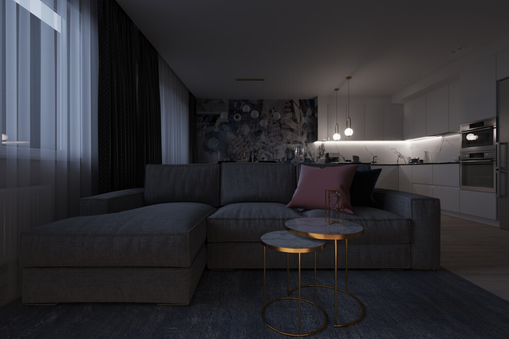 Интерьер гостиной с подсветкой настенной, подсветкой светодиодной и с подсветкой в современном стиле