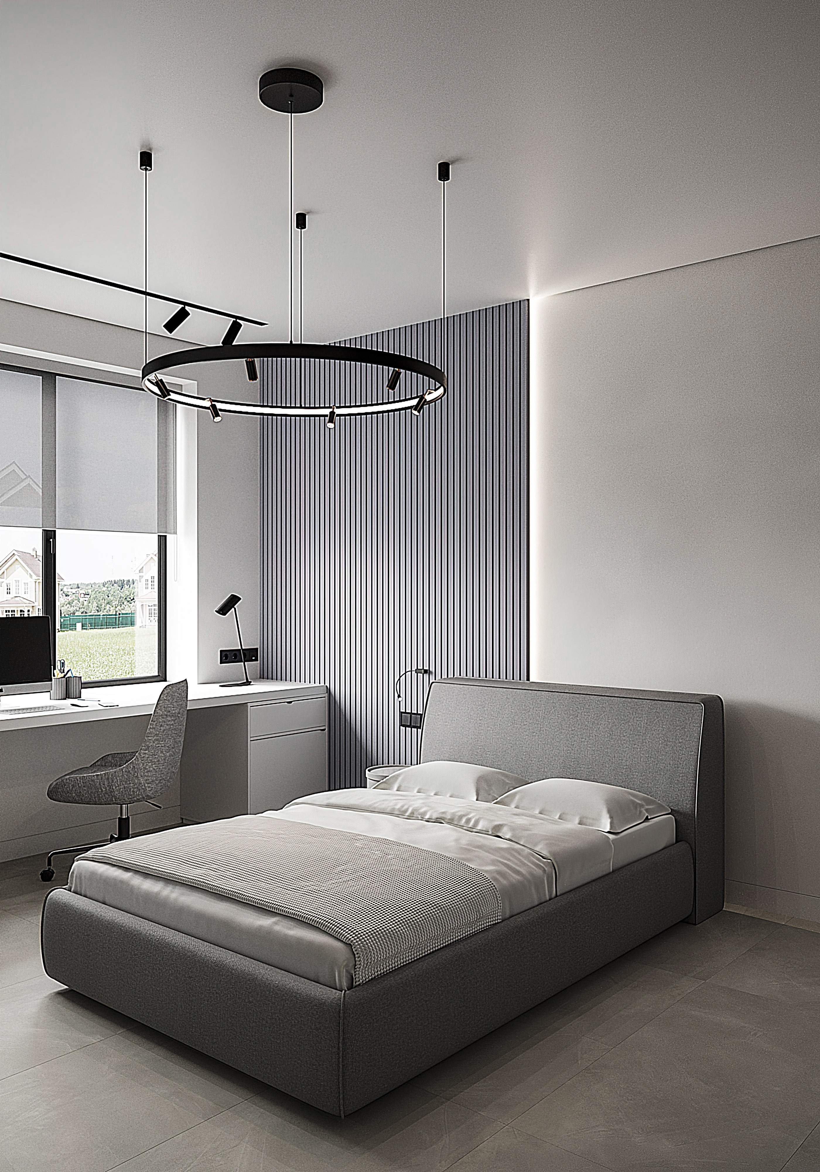Интерьер спальни с рейками с подсветкой, бра над кроватью, подсветкой светодиодной и светильниками над кроватью