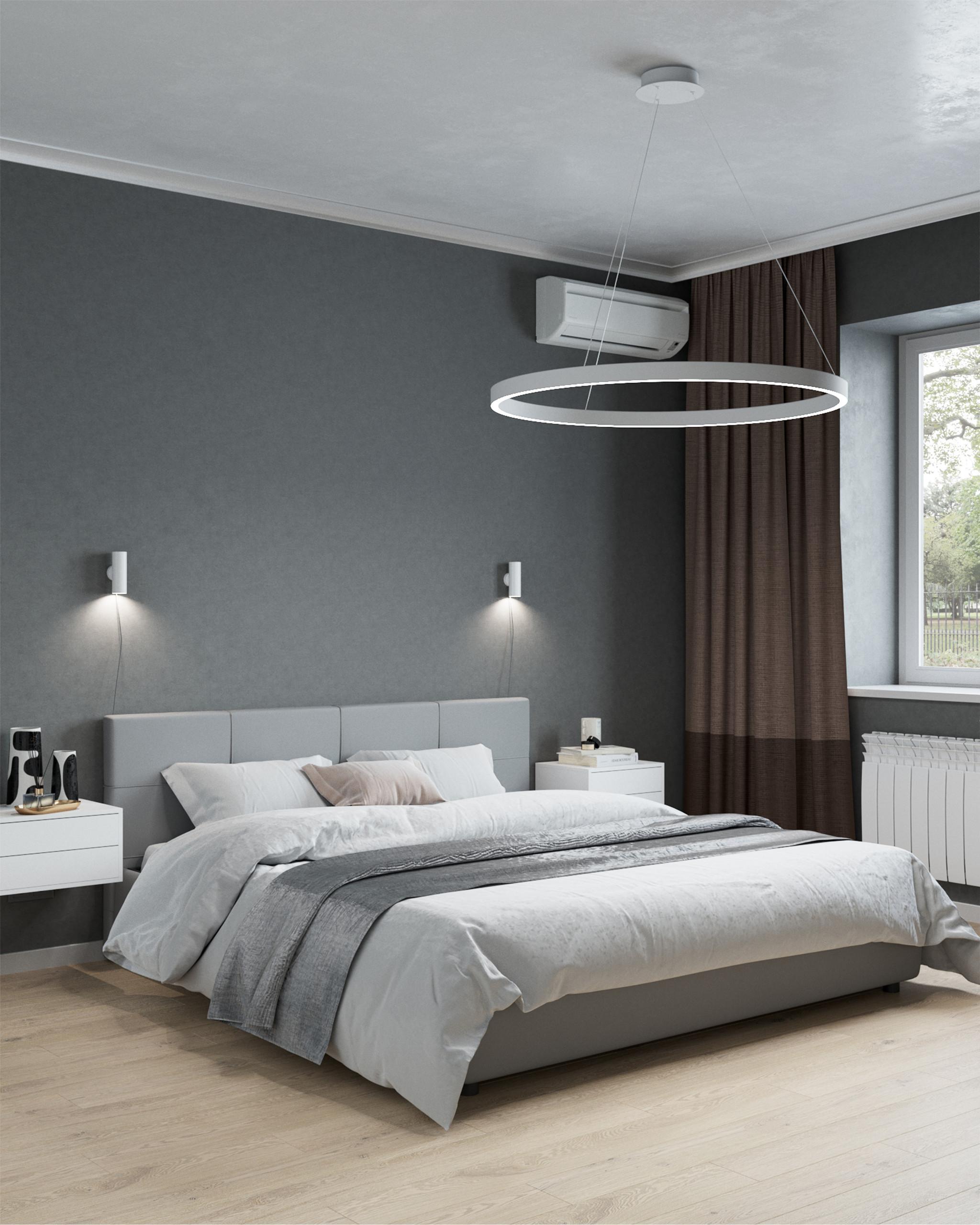 Интерьер спальни с рейками с подсветкой и светильниками над кроватью в современном стиле