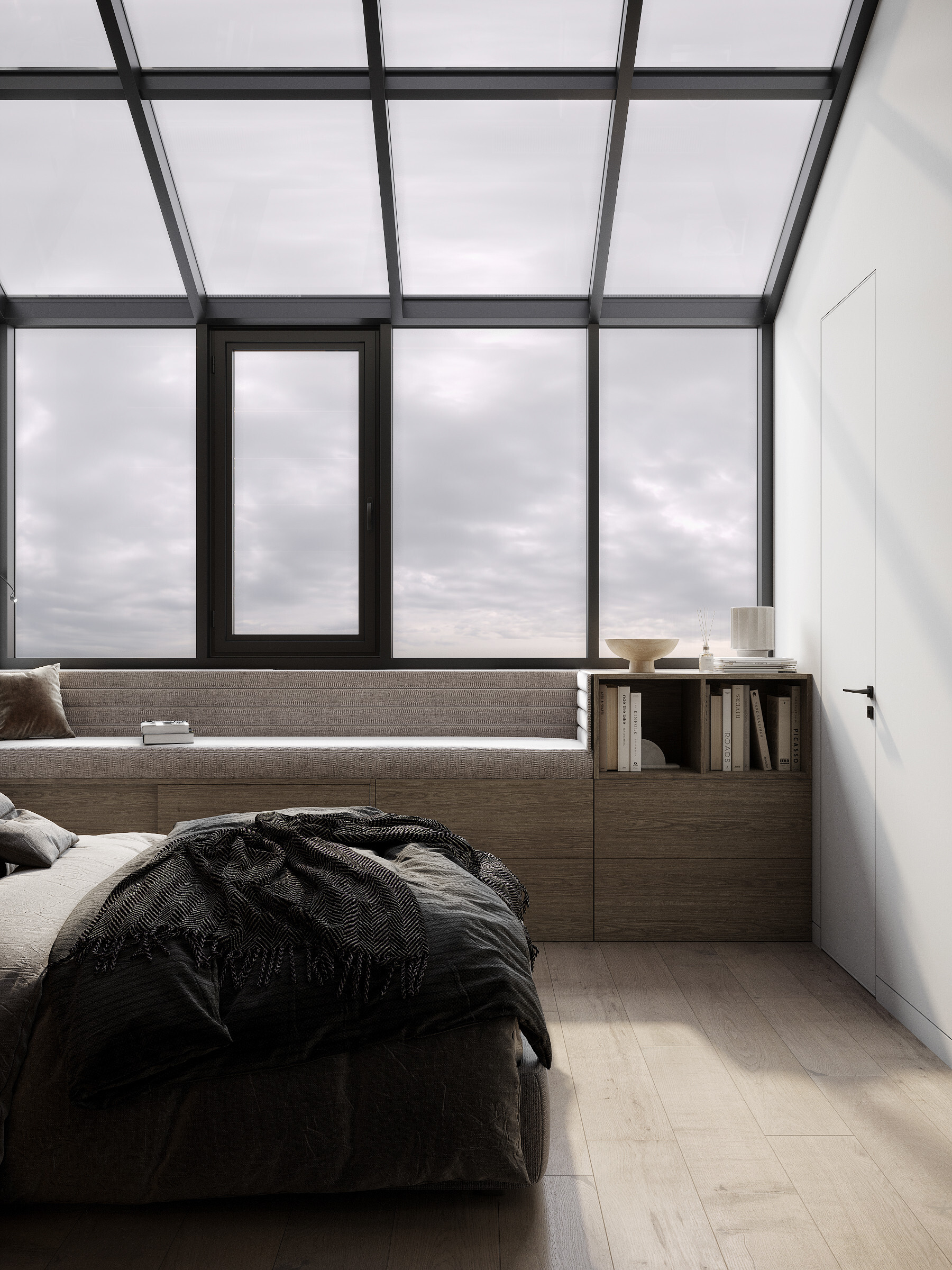 Интерьер спальни с окном в современном стиле