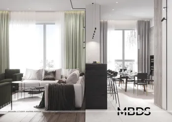 Интерьер гостиной с зонированием шторами  смотреть на Basicdecor