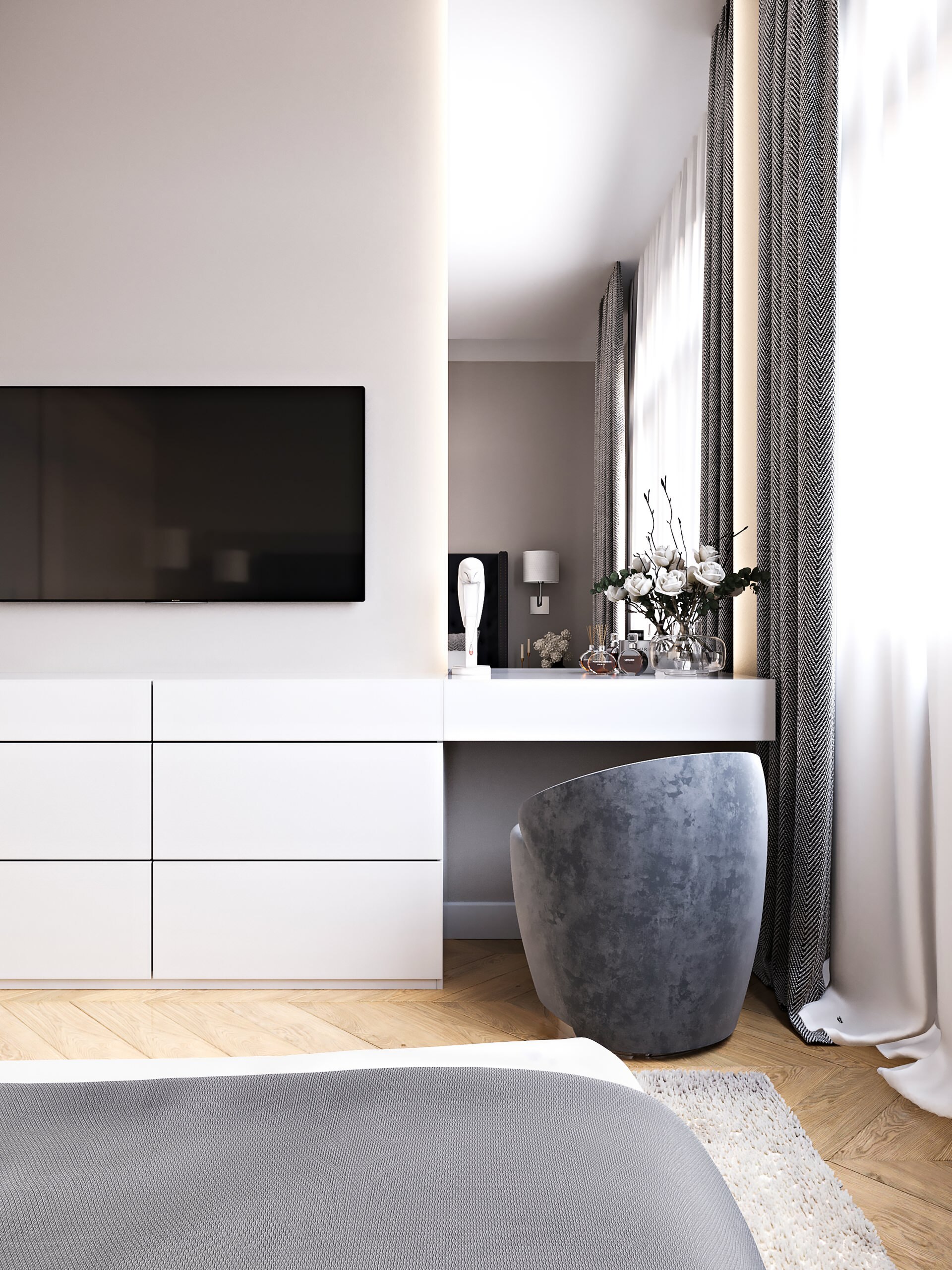 Интерьер спальни cтеной с телевизором и керамогранитом на стену с телевизором в современном стиле