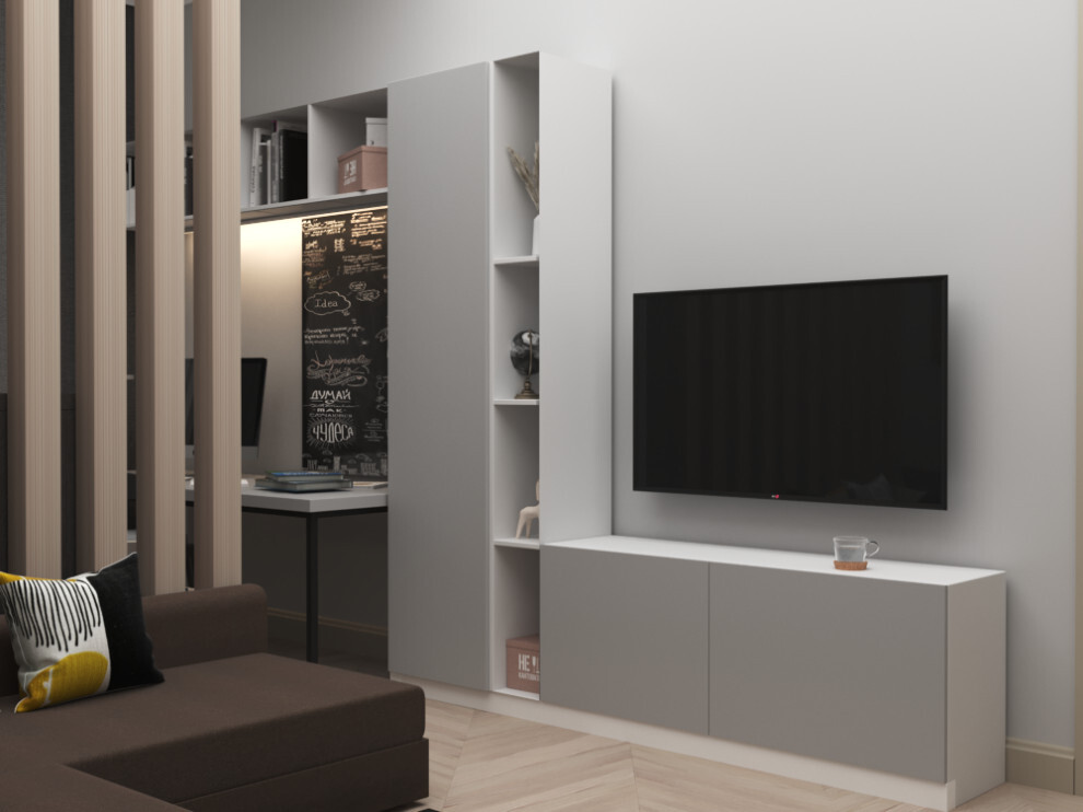 Интерьер гостиной c рабочим местом, стеной с телевизором и нишей для телевизора в современном стиле