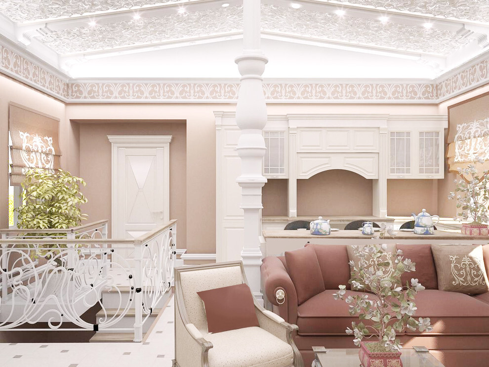 Интерьер гостиной с аркой и каретной стяжкой в классическом стиле и в восточном стиле