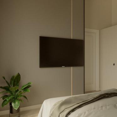 Интерьер спальни с телевизором на стене  смотреть на Basicdecor
