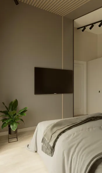 Интерьер спальни с телевизором на стене  смотреть на Basicdecor