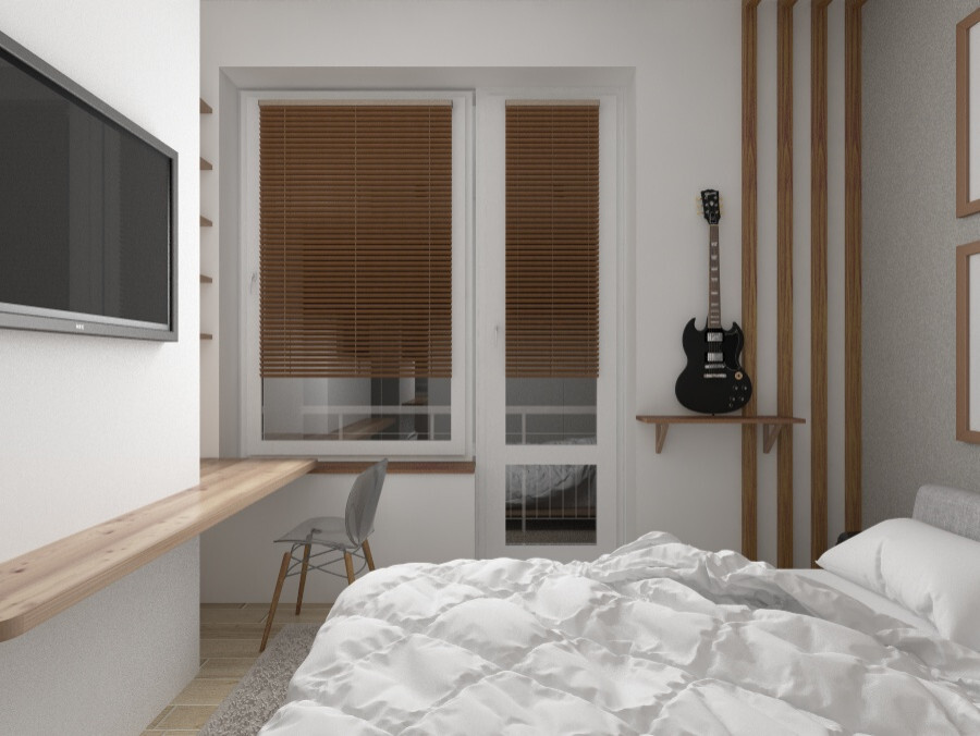 Интерьер спальни c рабочим местом, жалюзи, вертикальными жалюзи и дверными жалюзи в скандинавском стиле