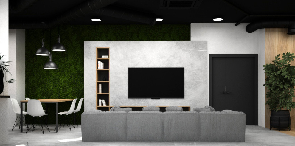 Интерьер гостиной с керамогранитом на стену с телевизором