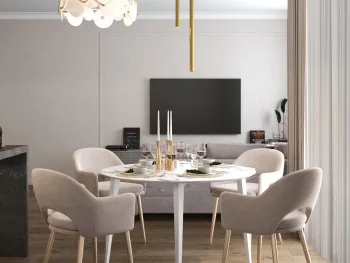 Интерьер кухни cветильниками над столом  смотреть на Basicdecor