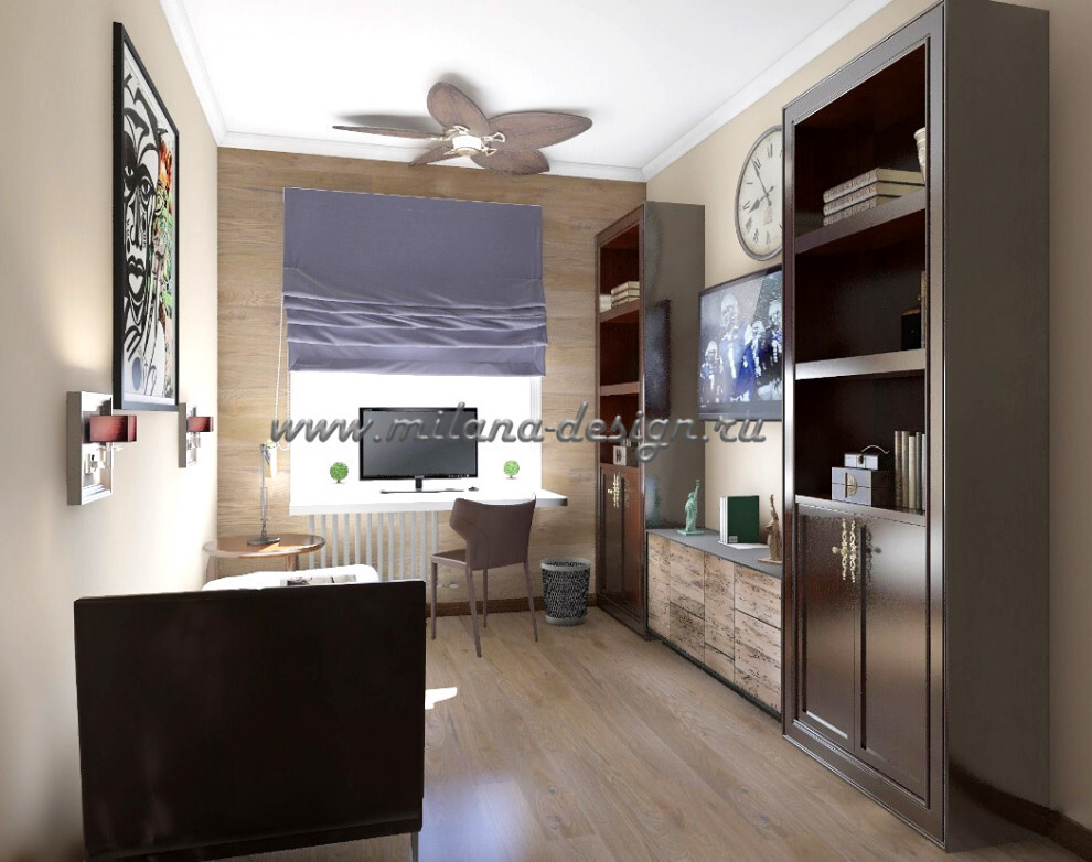 Интерьер кабинета c рабочим местом, жалюзи и вертикальными жалюзи в стиле шебби-шик