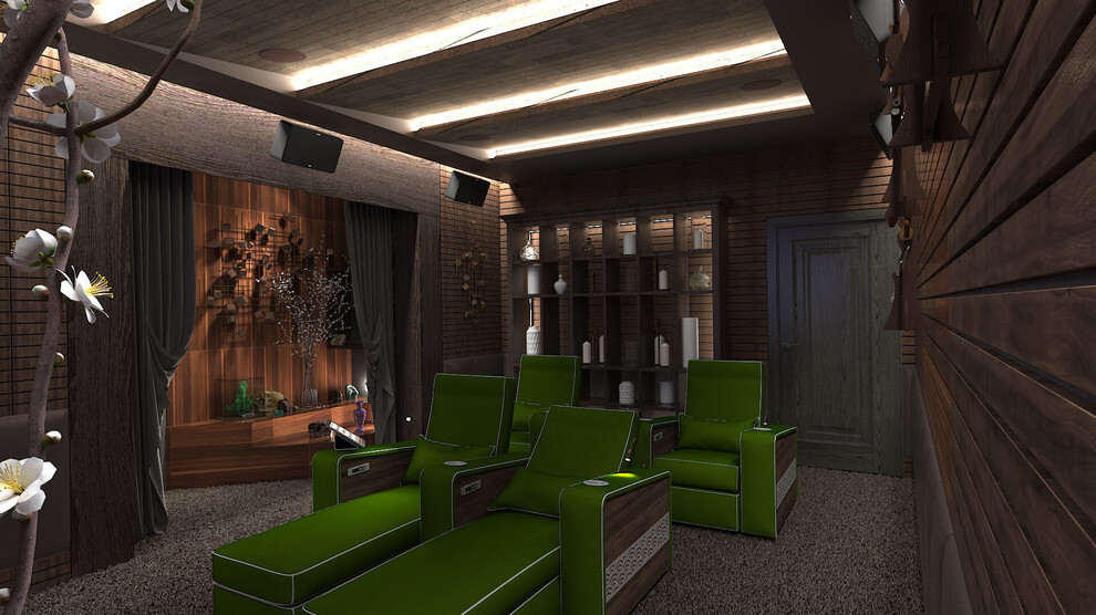 Интерьер гостиной cауной, световыми линиями, рейками с подсветкой, подсветкой настенной, подсветкой светодиодной и с подсветкой в современном стиле