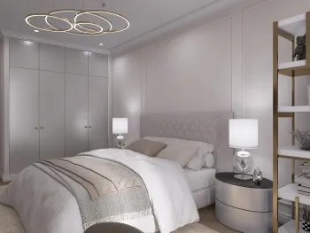 Интерьер спальни cветильниками над кроватью, с подсветкой и светлой техникой  смотреть на Basicdecor