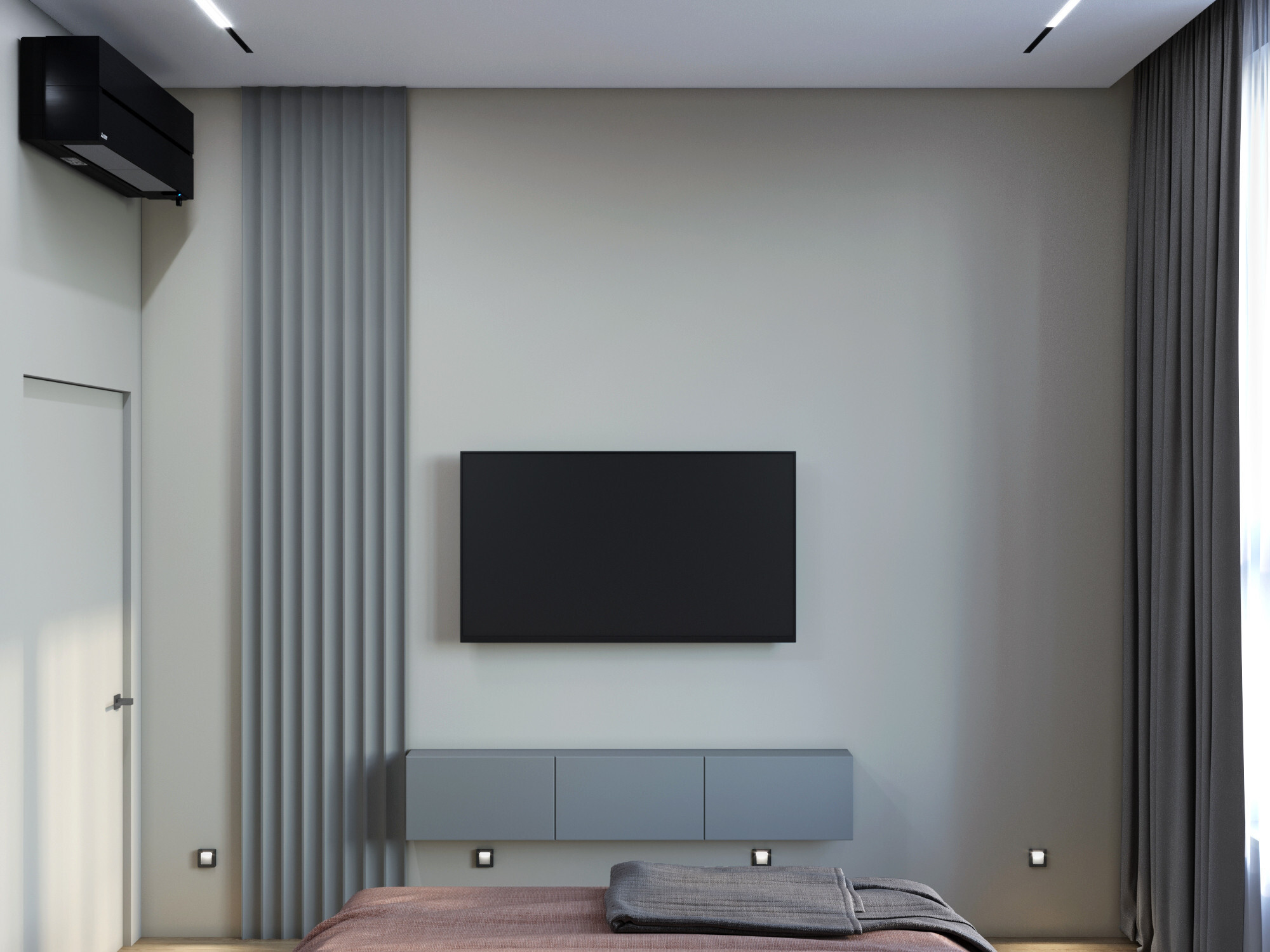 Интерьер гостиной с телевизором на рейках, вертикальными жалюзи, рейками с подсветкой и подсветкой настенной в современном стиле