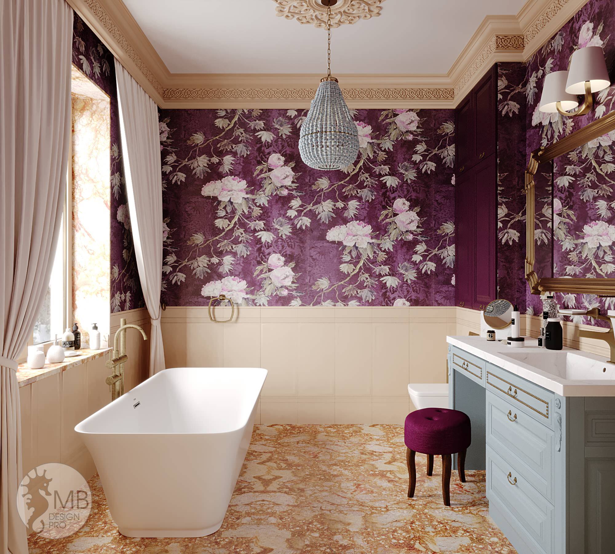 Интерьер ванной в стиле кантри, в восточном стиле и рококо