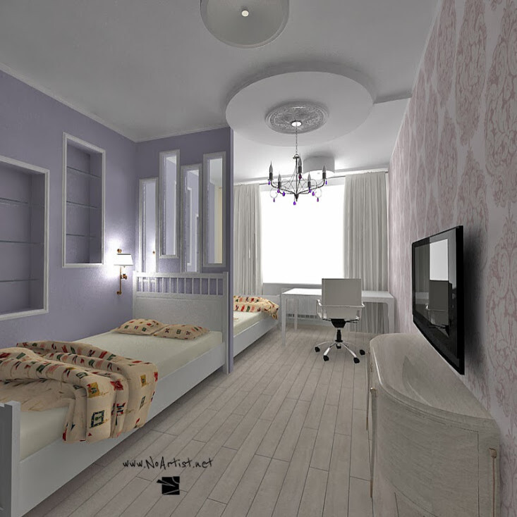 Интерьер спальни c рабочим местом, проходной, проемом, с детской и подсветкой светодиодной в классическом стиле