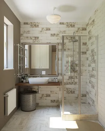 Интерьер ванной с душевой из плитки в современном стиле смотреть на Basicdecor