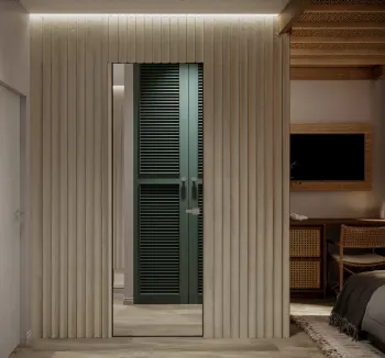 Интерьер спальни с дверными жалюзи  смотреть на Basicdecor