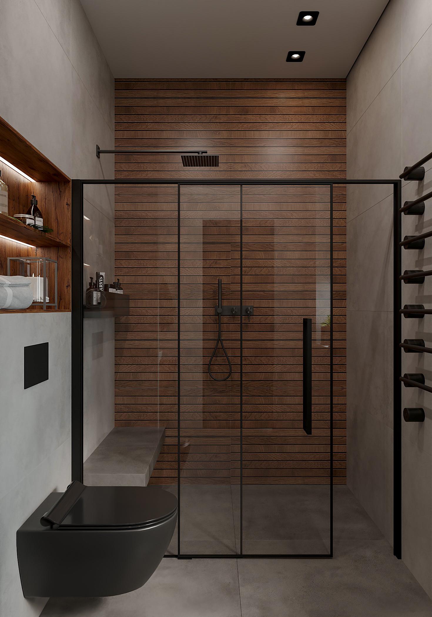 Интерьер ванной с душевой из плитки и сауной в стиле лофт