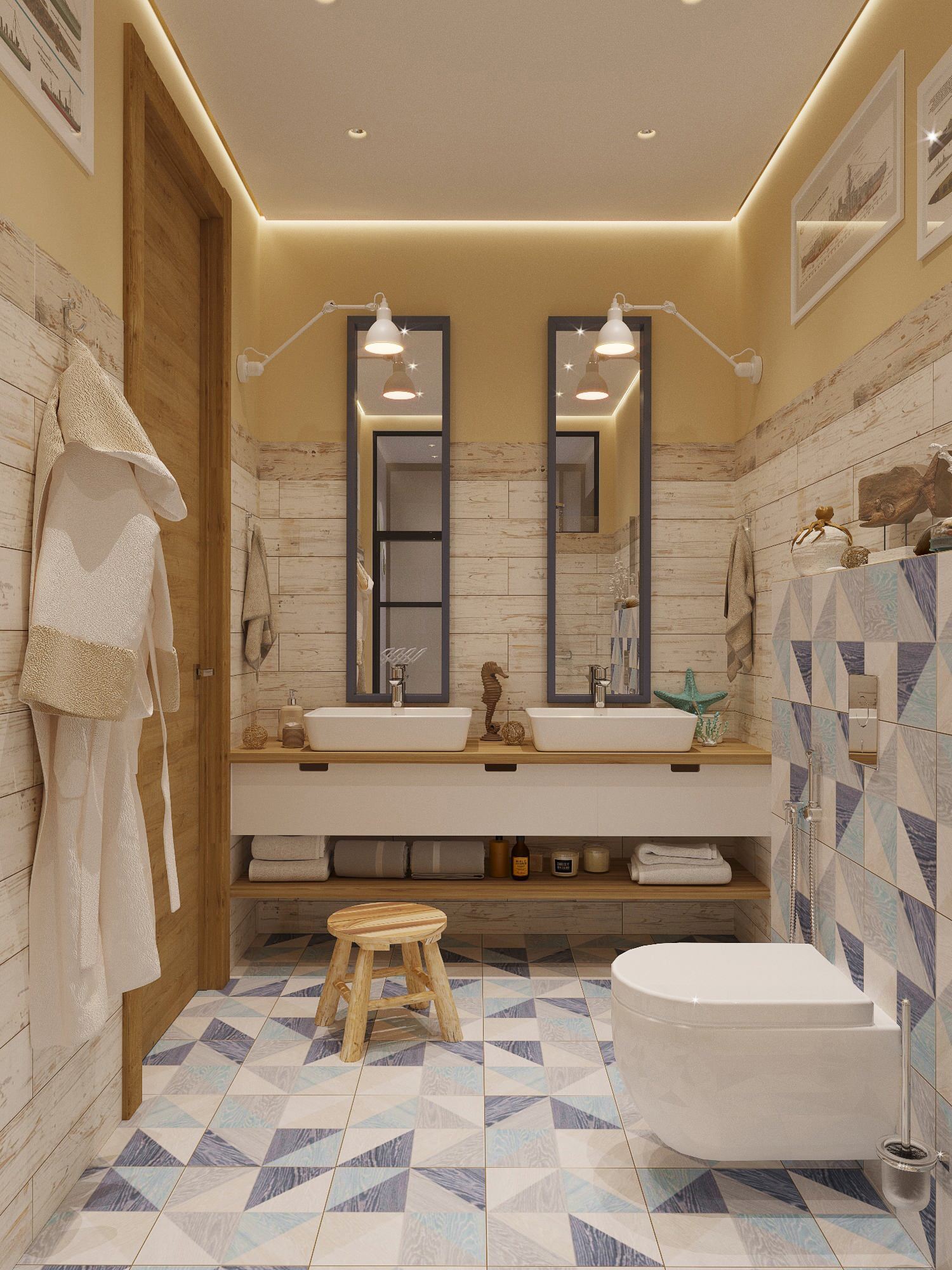 Интерьер ванной c рабочим местом и совмещенным санузлом в стиле лофт и в стиле кантри