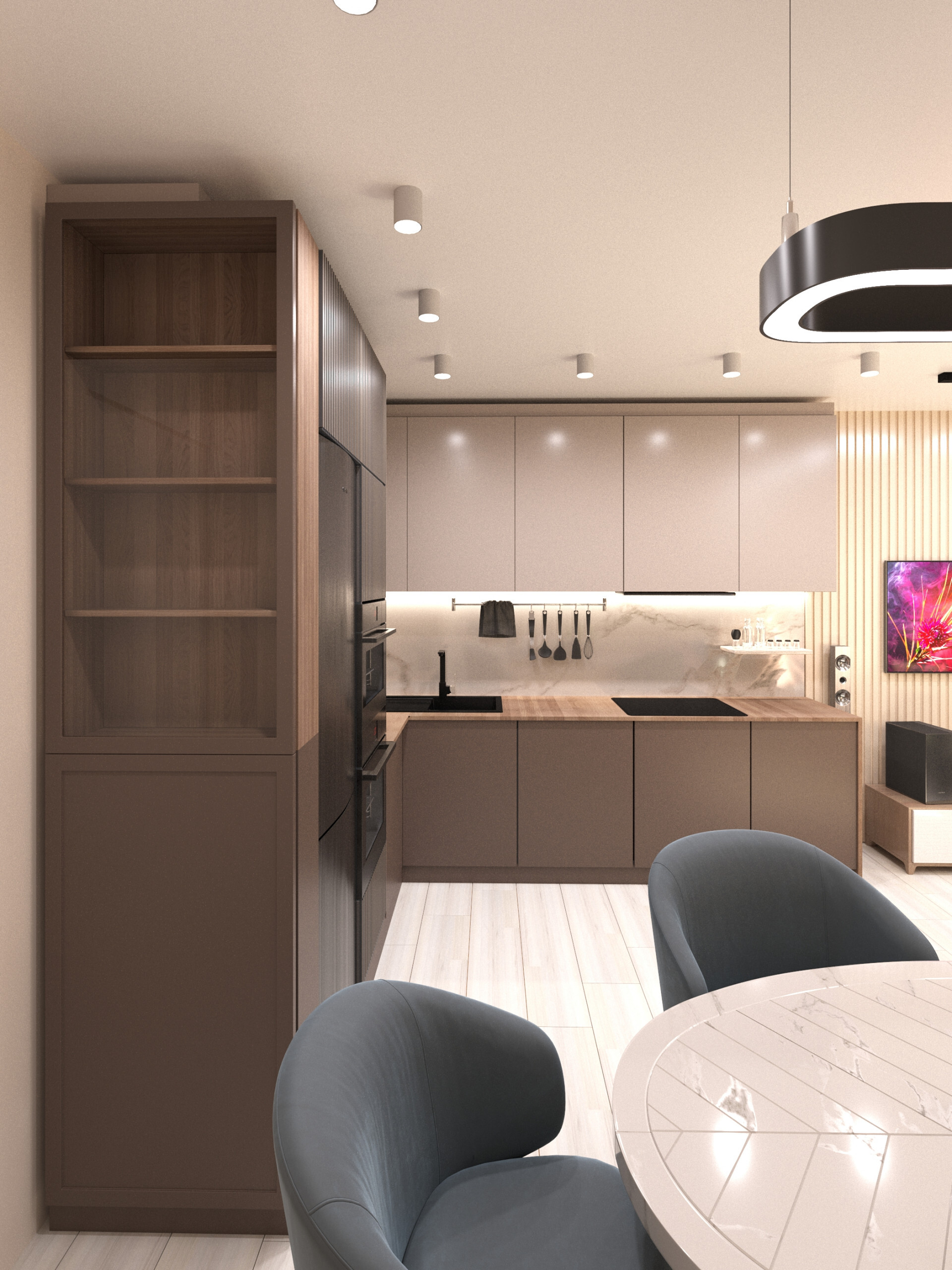 Интерьер кухни с проходной, кухней-нишей, с кабинетом, подсветкой светодиодной и с подсветкой в современном стиле и в стиле лофт