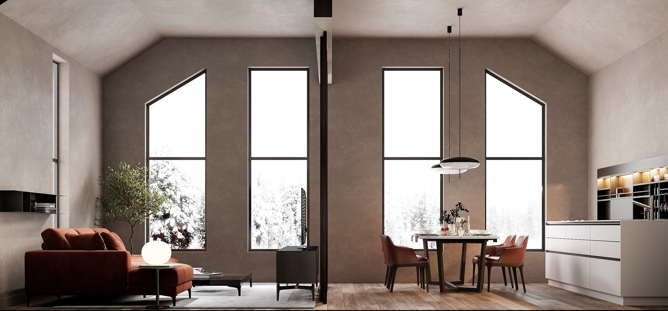 Интерьер кухни с окном, световыми линиями, жалюзи, вертикальными жалюзи, рейками с подсветкой и подсветкой настенной в современном стиле