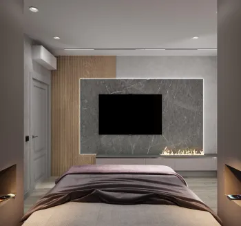 Интерьер спальни с телевизором на стене  смотреть на Basicdecor