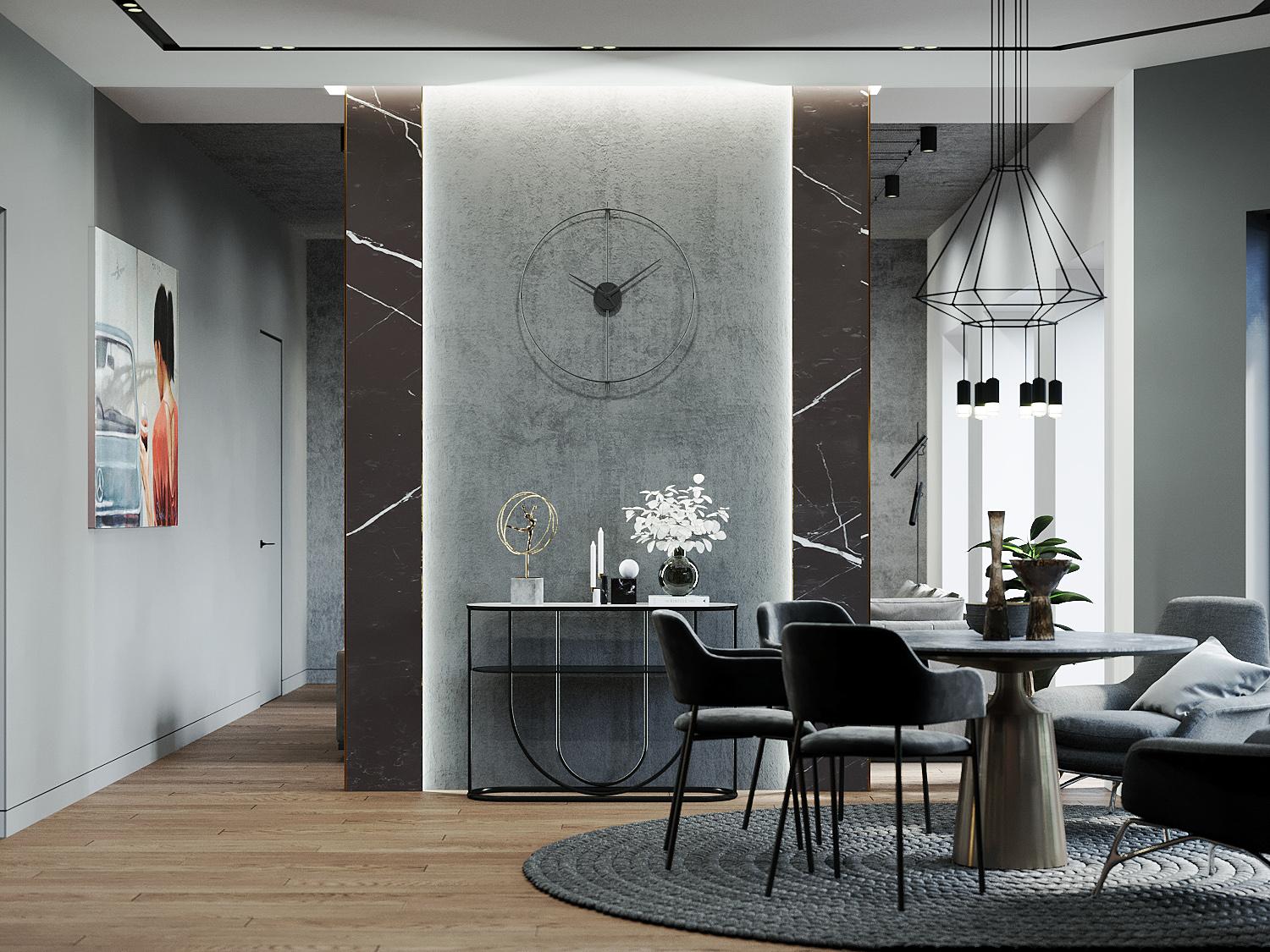 Интерьер кухни с керамогранитом на стену с телевизором и подсветкой настенной в стиле лофт