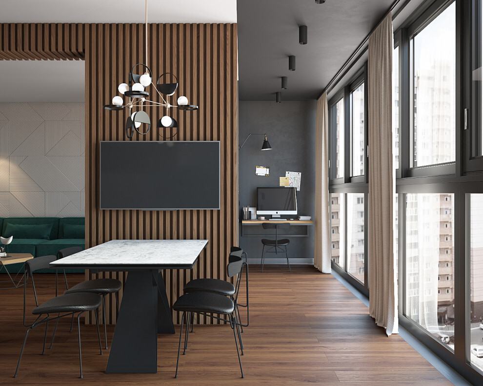 Интерьер столовой c рабочим местом и рейками с подсветкой в современном стиле
