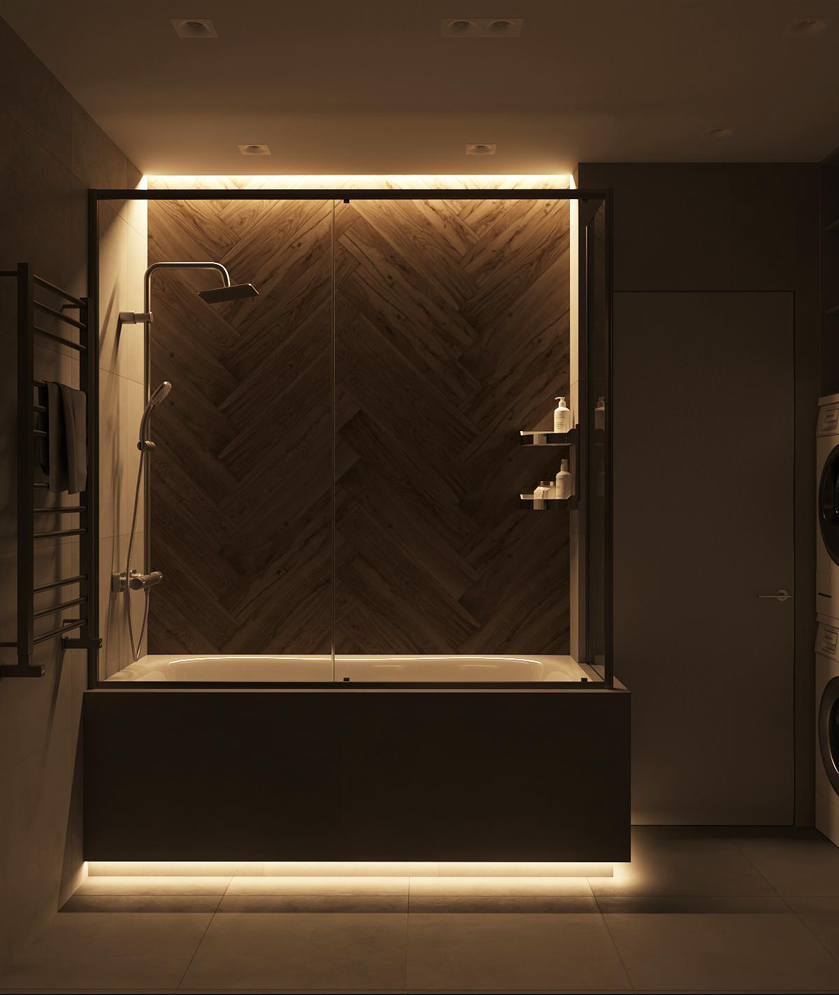Интерьер ванной с подсветкой настенной и подсветкой светодиодной в стиле лофт