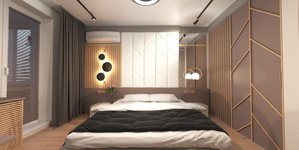 Интерьер спальни с рейками с подсветкой, бра над кроватью, подсветкой настенной, подсветкой светодиодной, светильниками над кроватью и с подсветкой в современном стиле и в стиле лофт