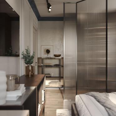 Интерьер с проходной и перегородкой раздвижной  смотреть на Basicdecor