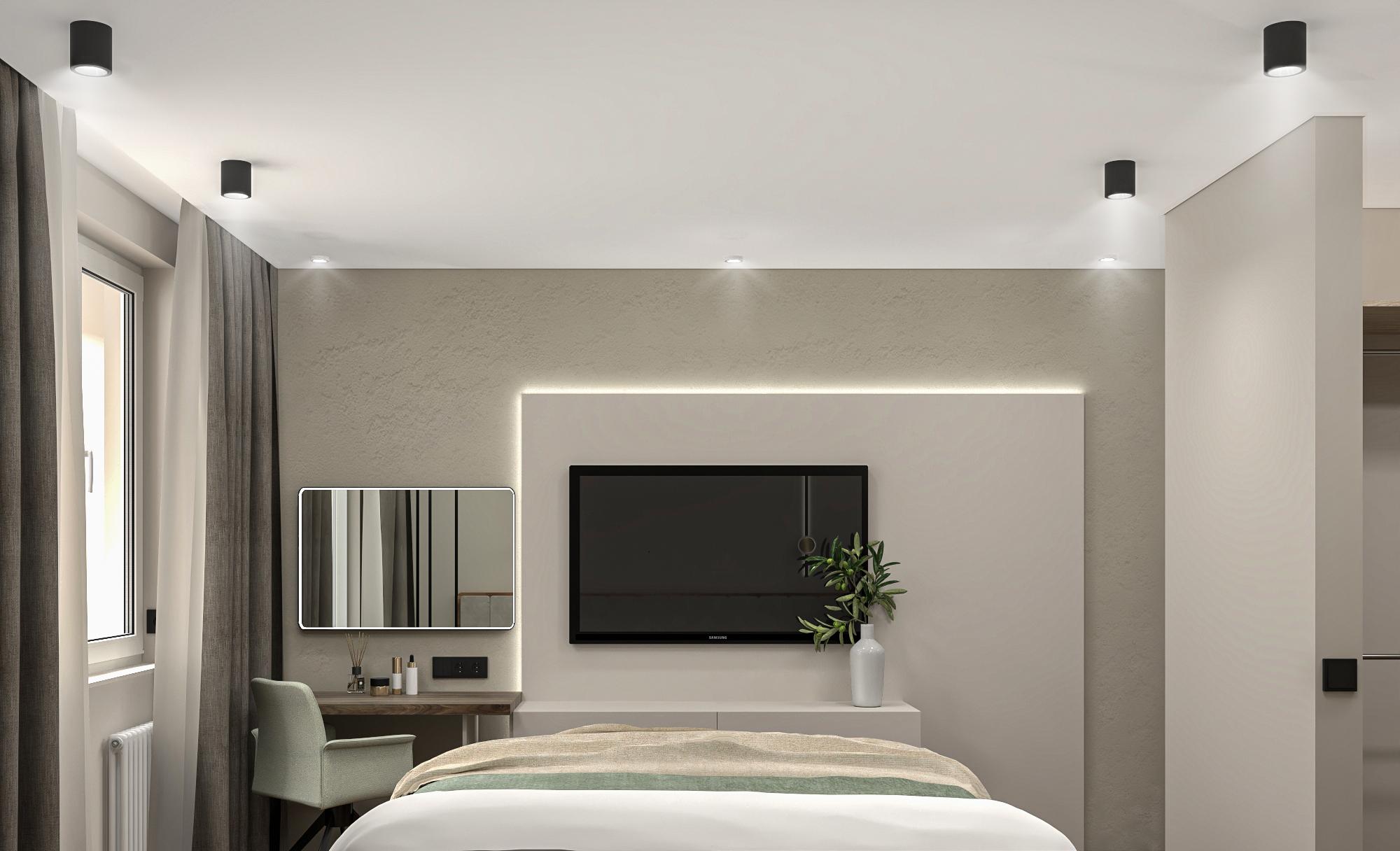 Интерьер спальни с нишей с подсветкой, подсветкой настенной, подсветкой светодиодной и с подсветкой