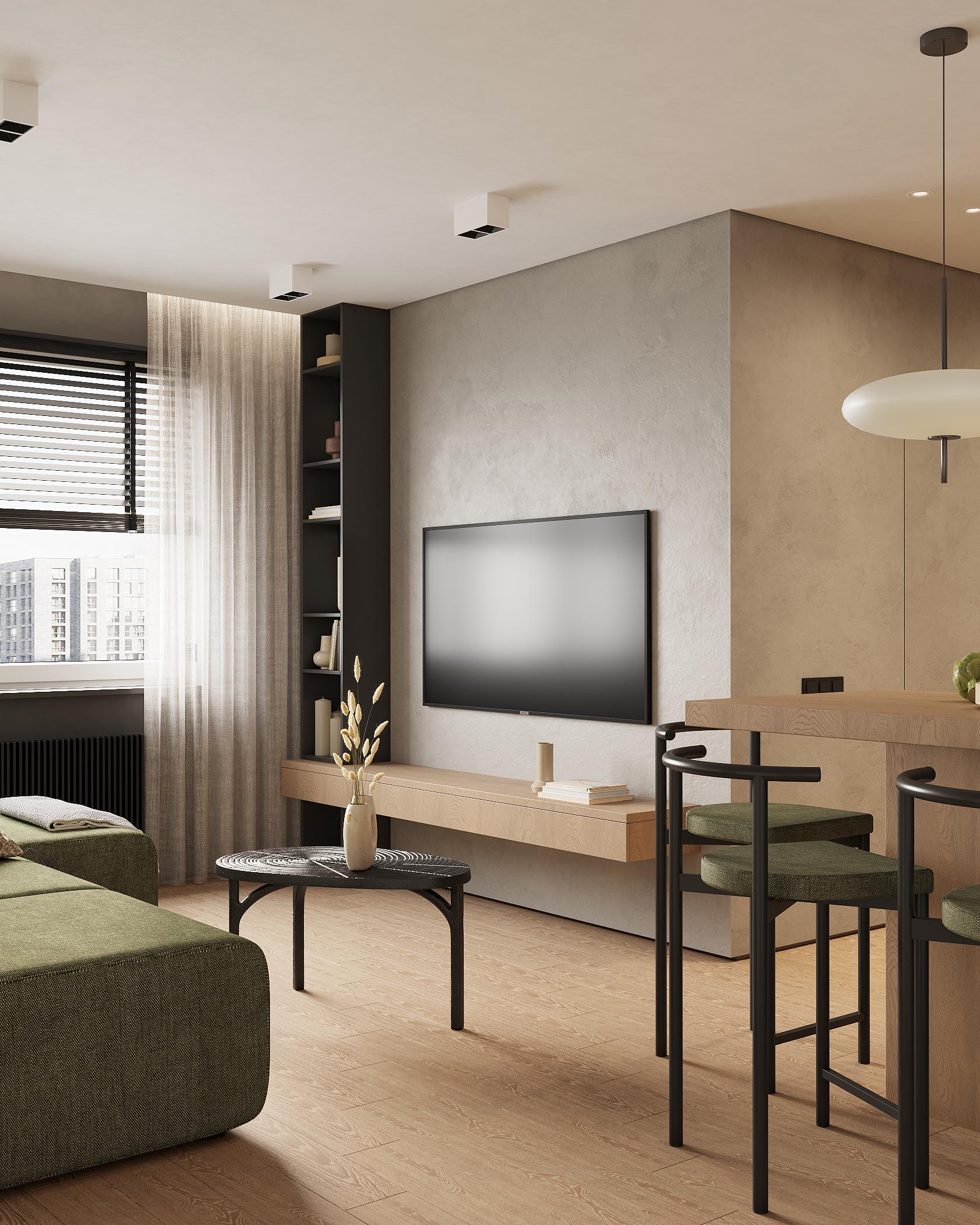 Интерьер гостиной cтеной с телевизором, телевизором на стене, нишей для телевизора, керамогранитом на стену с телевизором, подсветкой настенной и подсветкой светодиодной