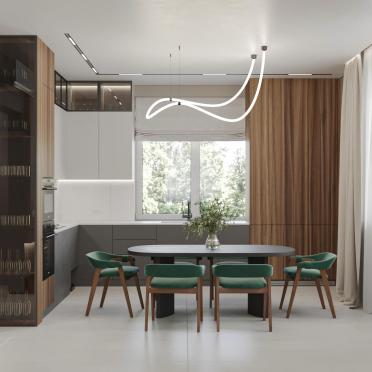 Интерьер кухни cветовыми линиями и светильниками над столом  смотреть на Basicdecor