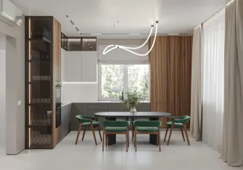 Интерьер кухни cветовыми линиями и светильниками над столом  смотреть на Basicdecor