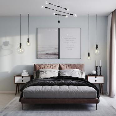 Интерьер спальни cветильниками над кроватью в скандинавском стиле