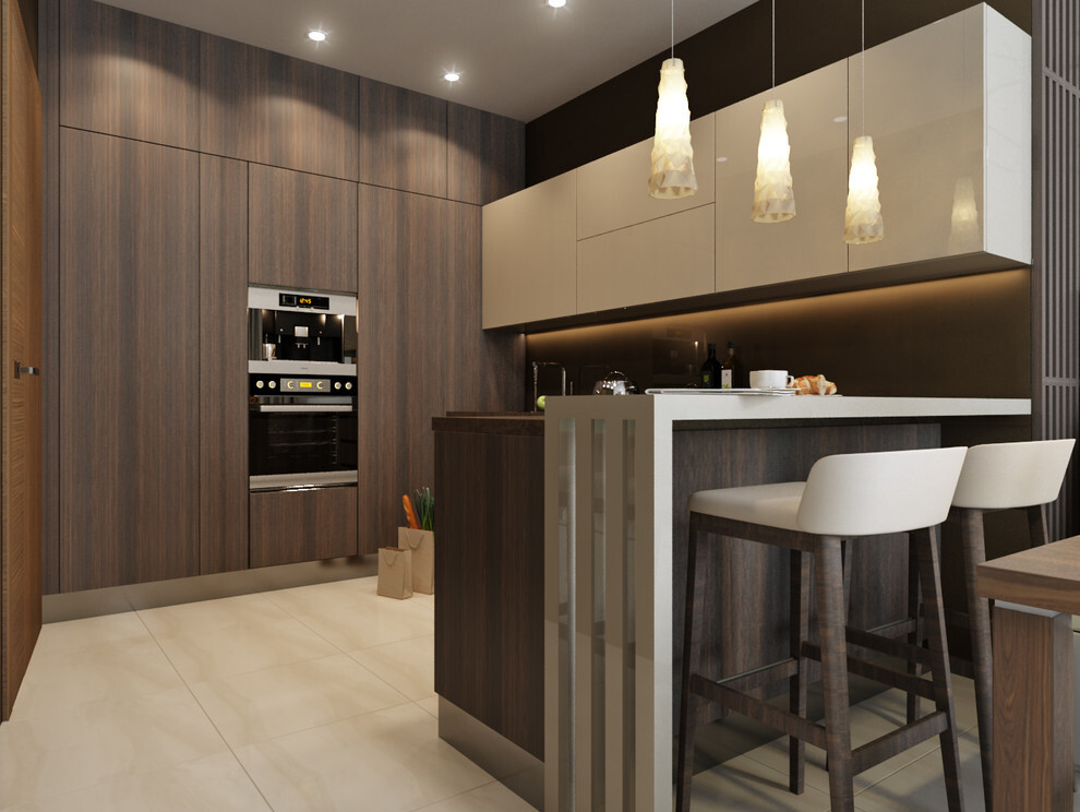 Интерьер кухни с подсветкой настенной и подсветкой светодиодной в современном стиле
