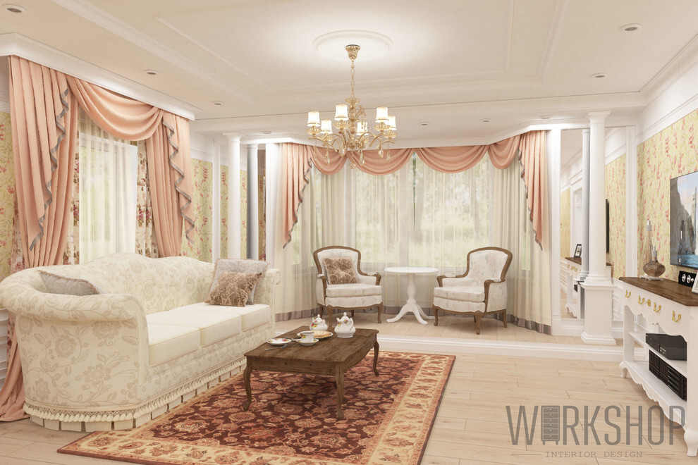 Интерьер гостиной с окном и с эркером в классическом стиле и в восточном стиле