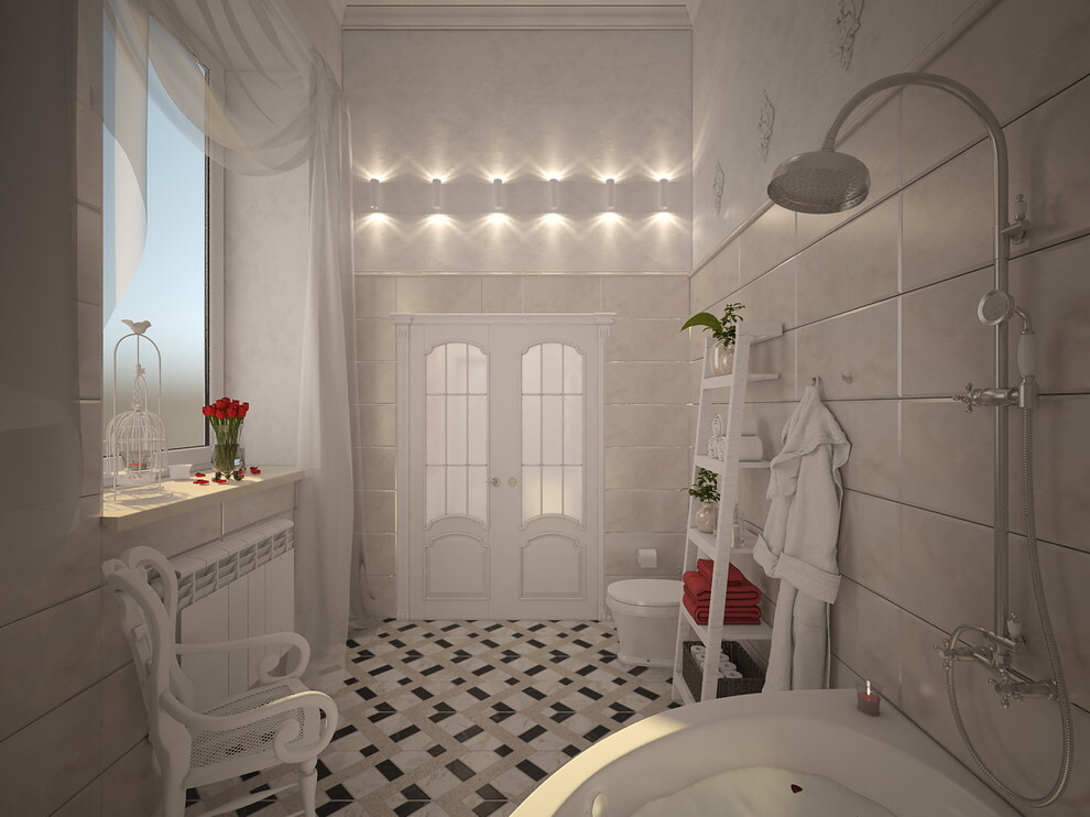 Интерьер ванной с подсветкой настенной и подсветкой светодиодной в неоклассике