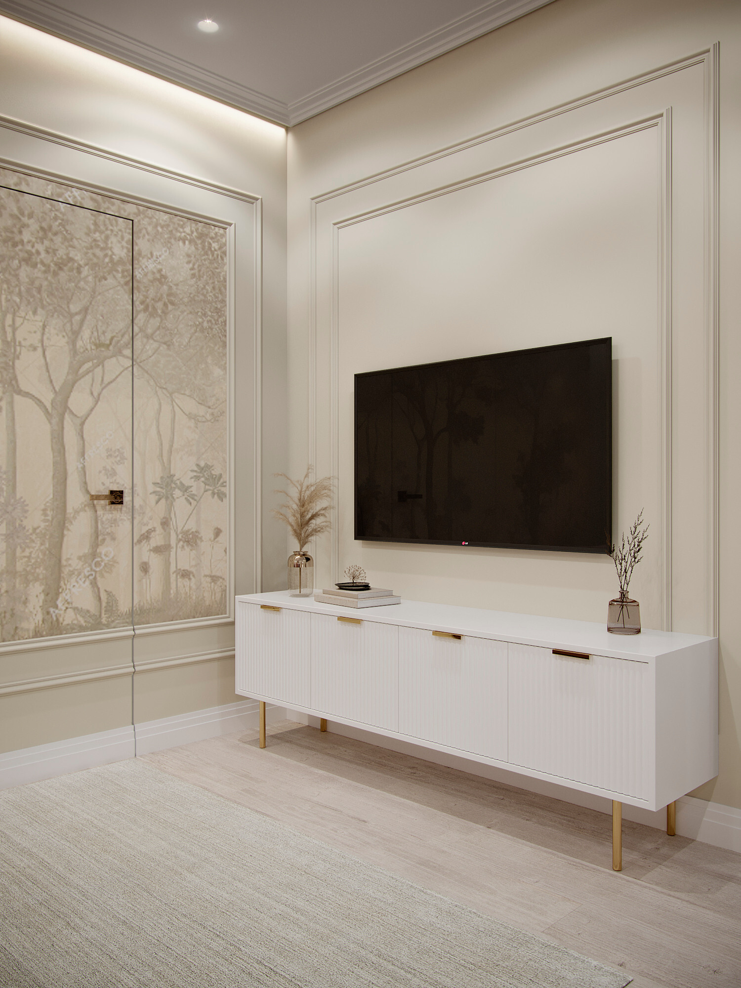 Интерьер коридора cтеной с телевизором, телевизором на стене и керамогранитом на стену с телевизором в неоклассике